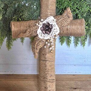 Shabby Chic Handmade Jute Beaded Crochet Flower Cross Farmhouse Decor